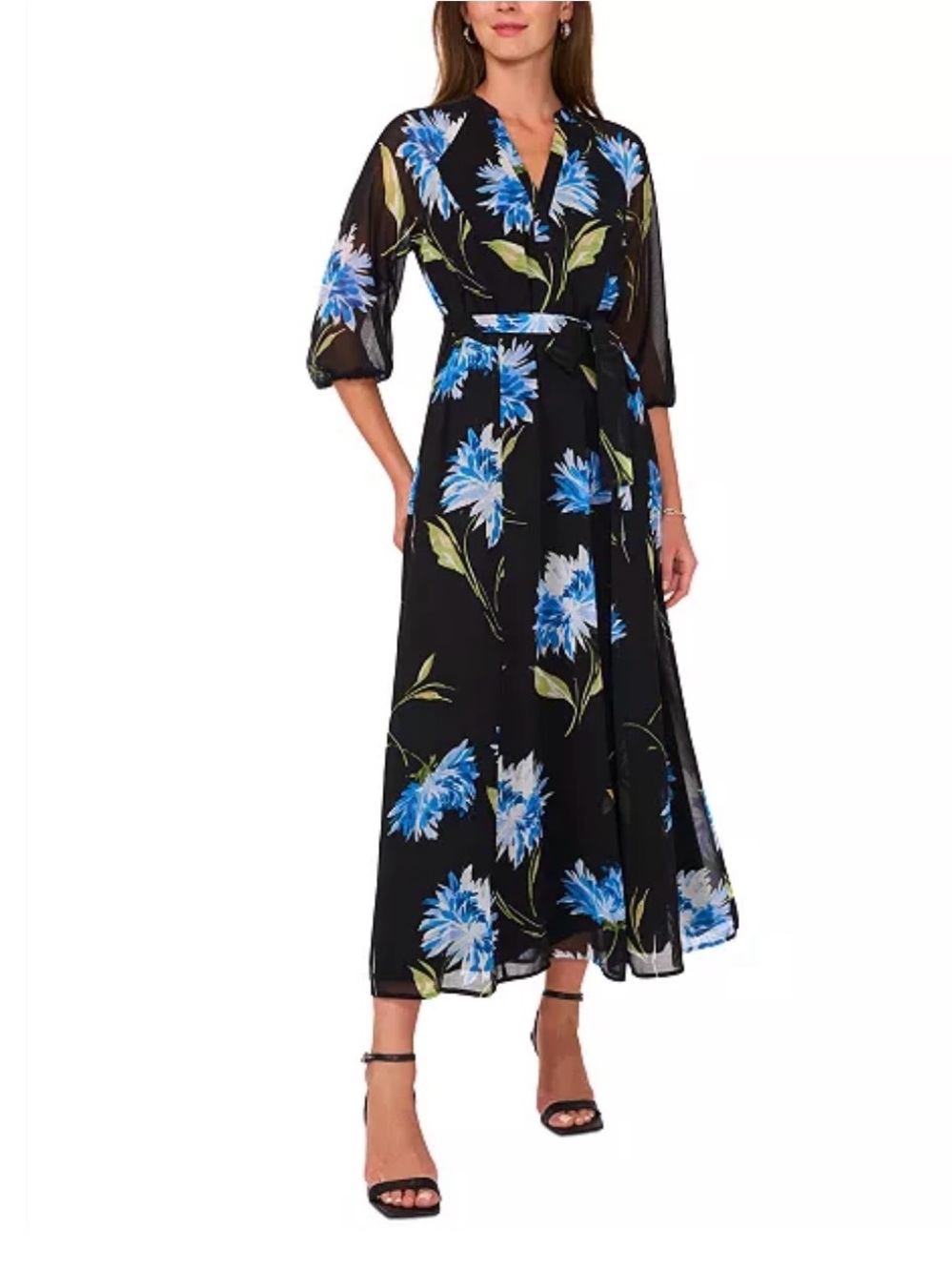 Vince Camuto NWT Chiffon Sheer Sleeve Belted Midi Dress Blue Floral‎ XS